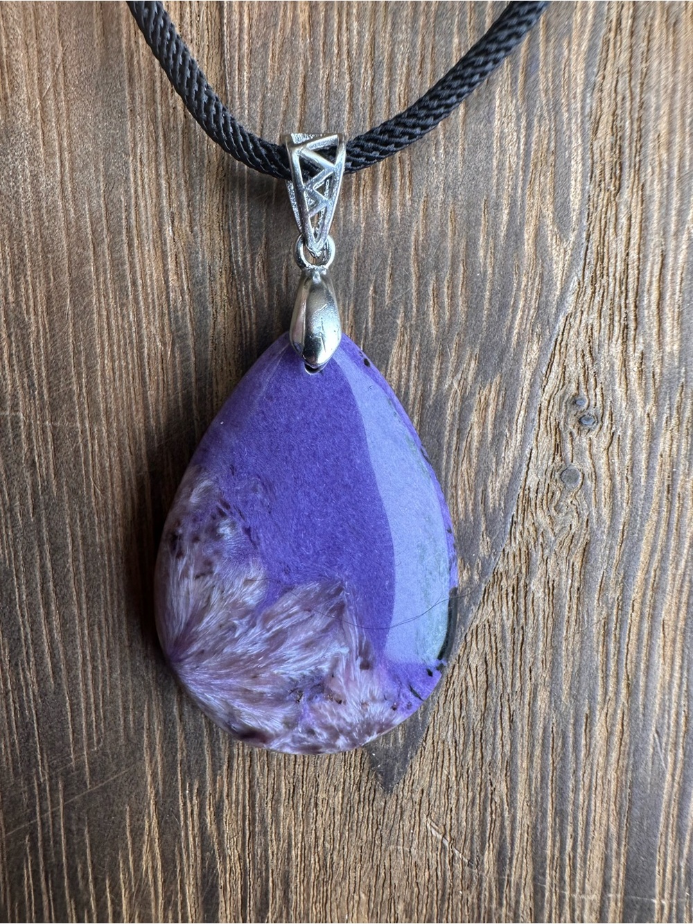 Charoite Teardrop Necklace on Sterling Silver Bail and Black Rope - Picture 12 of 14